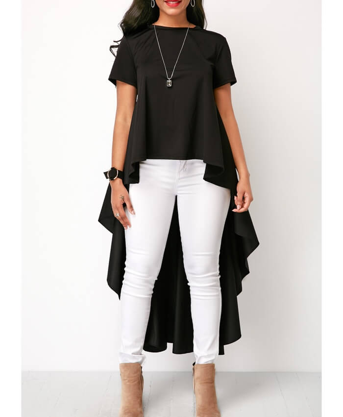 Round Neck Short Sleeve Black High Low Blouse